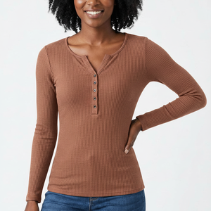 Women's Ribbed Long Sleeve Henley Top Snap <b>Button</b> Slim Fit Soft Fabric Custom Woven Label OEM Wholesale Factory - Product Image 1