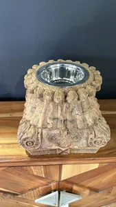 Vintage Hand Carved Wooden Pillar Candle Holder <b>Rustic</b> Pet Feeder Farmhouse Decor for Bedroom Living Room <b>Console</b> <b>Table</b> - Product Image 3