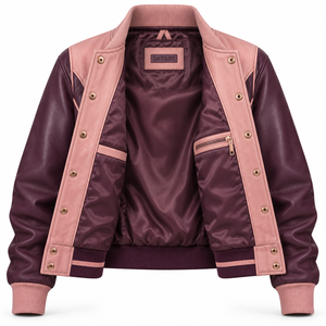 Ladies Genuine Lambskin <b>Leather</b> <b>Jacket</b> Pink Burgundy Colorblock <b>Women</b> Baseball Snap Button Varsity <b>Bomber</b> Outerwear Coat - Product Image 5