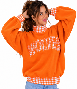 OEM ODM Women’s Oversized Heavyweight <b>Mock</b> Neck Sweatshirt Custom Plaid Gingham Patchwork Casual Varsity Pullover - Product Image 5