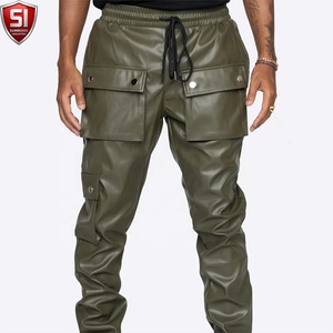Custom Men's <b>Leather</b> Canvas <b>Cargo</b> <b>Pants</b> with Multi-Pocket Flat Front Elastic Waist Drawstring Casual Style Autumn Wear 6XL Size - Product Image 1