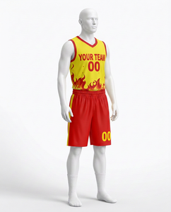 Ensemble de maillots de basket-ball personnalisés jaune et rouge, nom de l'équipe 00, sublimé, col en V, sans manches, séchage rapide, vêtements de sport pour hommes - Product Image 1