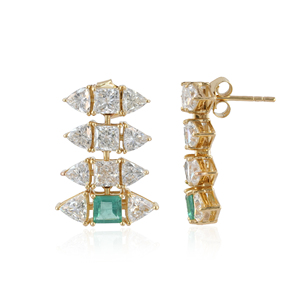 Boucles d'oreilles pendantes en diamant de laboratoire et émeraude verte, or jaune massif 14 carats, bijoux fins géométriques pour femmes - Product Image 1