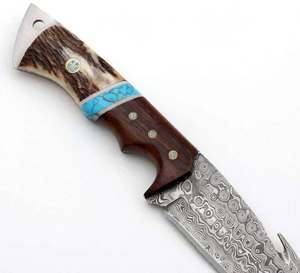 Outil artisanal en acier de Damas fait main, manche en turquoise et bois de cerf, pièce de présentation exécutive - Product Image 6
