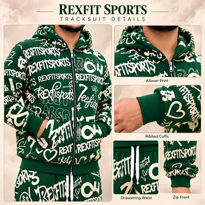 Ensemble de survêtements unisexe vert forêt et crème avec sweat à capuche zippé et pantalon, impression intégrale personnalisée, streetwear décontracté, vente en gros - Product Image 1