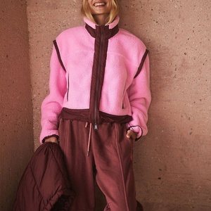 Chaqueta unisex de forro polar sherpa con bloques de color rosa, gruesa, con cuello alto y cremallera, para invierno. - Product Image 5