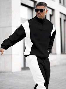 <b>Mens</b> Winter Printed Black <b>White</b> Contrast Half-Zip 100% Cotton Sweatshirt Matching <b>Jogger</b> Pants Tracksuit OEM ODM Wholesale - Product Image 6