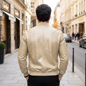 New Arrival Premium <b>Men</b> Real for Embossed Leather <b>Summer</b> Bomber <b>Jacket</b> 100% Leather Plaid Pattern - Product Image 3