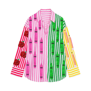 Chemise décontractée oversize patchwork pour femme, style printemps-été, avec col rabattu en coton crayon, idéale pour la rentrée scolaire - Vente en gros - Product Image 1