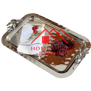 Plateau de service rectangulaire avec poignée en forme de feuille Plateau galvanisé en acier inoxydable poli argenté - Product Image 6