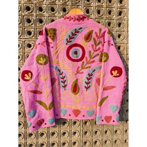 Boho Pink Embroidered Quilted Jacket For Women Handmade Floral Cotton Coat Vintage Ethnic Oversized Winter <b>Cardigan</b> - Product Image 6