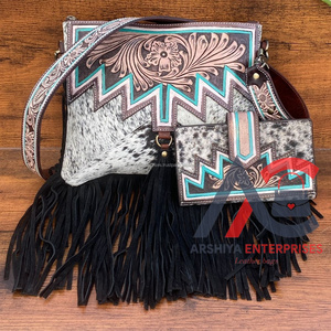 Handcrafted Tooled Leather Cowhide <b>Bag</b> Western Fringe Crossbody <b>Purse</b> Hand Tooled Leather Floral Bi-fold Wallet Gift <b>Set</b> for Her - Product Image 1