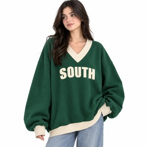 Sudadera OEM para mujer, color turquesa, cuello en V, bloques de color, manga farol, estampado de letras, jersey casual de punto. - Product Image 4