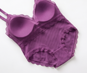 Soutien-gorge sans armatures pour femme, violet, avec dentelle, en tricot de spandex respirant, à porter au quotidien, demi-bonnet, non doublé - Product Image 2