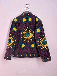 Vintage Purple <b>Velvet</b> Floral Embroidered Suzani Jacket With Sun Pattern Full Sleeve Stand Collar Handmade Bohemian Winter <b>Coat</b> - Product Image 4