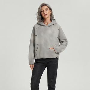 Sweat à capuche unisexe OEM Street Wear personnalisé, 360 GSM, 100% coton molletonné, zippé, délavé à l'acide, écologique, respirant, déchiré, pour l'hiver - Product Image 1