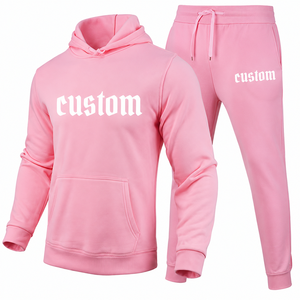 Ensemble de survêtement unisexe rose à capuche en coton respirant, sweat-shirt à manches longues avec pantalon à cordon de serrage, vêtements de sport décontractés pour l'automne - Product Image 1