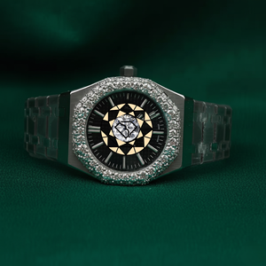 Reloj octogonal con bisel de diamantes para hombre, pulsera de metal en tono de acero, esfera negra, reloj de pulsera de lujo - Product Image 1