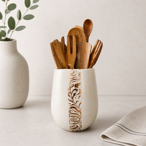 Handcrafted Porcelain Utensil Holder Elegant <b>Etched</b> Design Smooth Glaze Heat Resistant Stable Base Kitchen Counter Organizer - Product Image 1