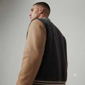 <b>Men's</b> Dark Gray Casual <b>Baseball</b> Varsity <b>Jacket</b> With Tan Leather Sleeves Turn-down Collar Button Closure Casual Autumn Wear - Product Image 4