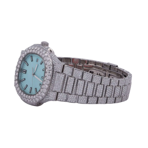Montre à cadran bleu avec diamants, boîtier carré, mouvement à quartz, affichage de la date, style bracelet - Product Image 3