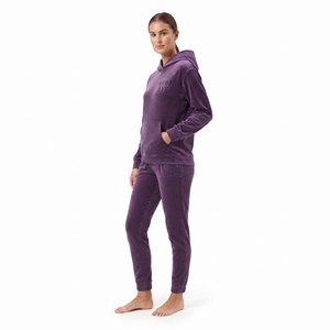 Ensemble pantalon et sweat à capuche en velours violet tendance pour femme, manches longues, vêtements décontractés avec poche, coupe régulière, vêtements d'hiver, ensemble de survêtement deux pièces - Product Image 3