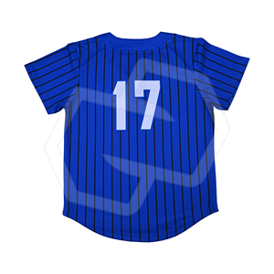 Maillot de baseball premium bleu rayé à deux boutons pour adultes, manches courtes, respirant, anti-humidité, avec logo et numéro, vente en gros - Product Image 2