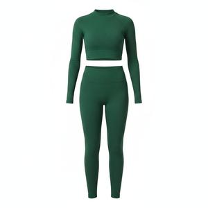 Seamless Ribbed Nylon 2-Piece Yoga Set <b>Mock</b> <b>Neck</b> Long Sleeve Crop <b>Top</b> & High Waist Tummy Control Sublimation Printed Leggings - Product Image 2