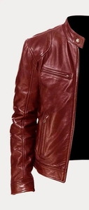 Men's <b>Burgundy</b> maroon <b>Leather</b> Moto <b>Jacket</b> Stand Collar Zipper Closure Slim Fit Regular Sleeve Autumn Solid Color - Product Image 2