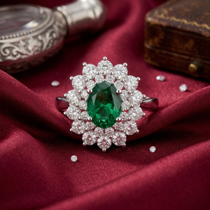 Anillo de Halo con Diamantes y Esmeralda Auténtica |   Anillo de Compromiso y Boda de Lujo en Oro Blanco de 18K con Esmeralda Ovalada como Piedra Central, Joyería Fina para Regalo - Product Image 4