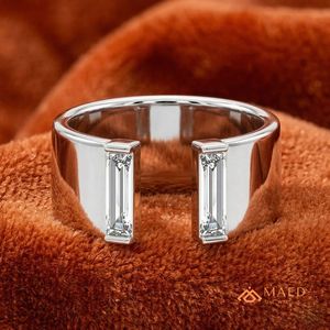 Moissanite Engagement <b>Ring</b> Baguette Cut Open Band 925 Sterling <b>Silver</b> Wide Statement <b>Ring</b> Women Modern Los Angeles Anniversary - Product Image 3