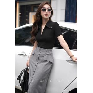 Wholesale Vietnam Women's Black Zip Collar T Shirt Short Sleeve Pullover Slim Fit Casual Summer <b>Top</b> OEM ODM service [A8007] - Product Image 2