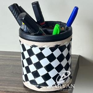 2026 Handcrafted Cow Leather <b>Pen</b> Holder Desk Organizer with Black <b>White</b> Checkered Designer Handmade Office Storage Accessory - Product Image 1