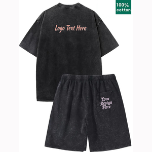 Ensemble 2 pièces d'été pour homme : T-shirt en coton épais délavé à l'acide et short, séchage rapide, logo imprimé en mousse, vêtements de marque - Product Image 4