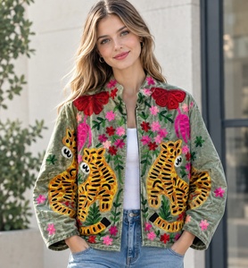Blouson Bomber en Velours Vert Olive pour Femme, Col Montant, Fermeture Éclair, Broderie Florale Tigre, Manteau Court, Veste Brodée Florale pour Femme - Product Image 1