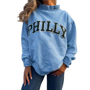 Sweat-shirt oversize pour femme, bleu, imprimé lettres Philly, col montant, manches longues, en coton, pull streetwear d'automne, col simulé - Product Image 4
