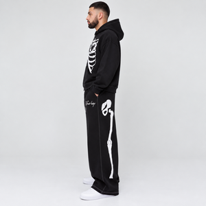 Ensemble de survêtement noir à capuche pour homme, coupe ample, imprimé squelette, sweat-shirt et pantalon avec poches latérales, idéal pour l'automne - Product Image 4