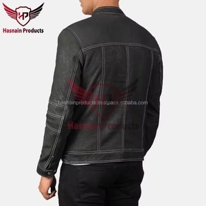 Chaqueta de Motociclista para Hombre, Lavada, con Cuello Alto, Cierre de Cremallera, Resistente al Viento, Estilo Motero, Color Sólido, Corte Regular, para Otoño - Product Image 2