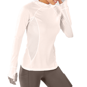 Women's Hooded Long Sleeve Mesh Panel Moisture Wicking Fitted Athletic <b>Top</b> Solid White Summer Breathable Quick Dry - Product Image 3