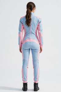 Women Leather Motorcycle Racing Suit Blue Pink Color Blocked Full Sleeve Windproof One Piece <b>Bodysuit</b> - Product Image 4