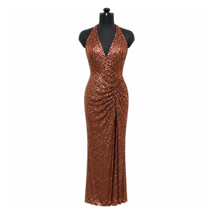 Luxury Rose Gold <b>Sequin</b> Evening Gown Women Halter Neck Deep V Ruched Maxi Dress Side Slit Formal Wedding Party Prom Designer - Product Image 1