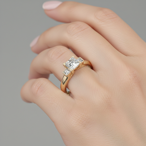 Anillo de compromiso de tres piedras con diamante de laboratorio talla princesa Stonewels, diamantes laterales con engaste milgrain y navette, estilo vintage. - Product Image 5