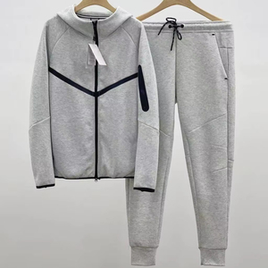 Ensemble de survêtement pour homme, sweat à capuche zippé en polaire technique, ensemble sportif d'automne en coton épais réfléchissant, 2 pièces, logo personnalisé imprimé, haut et pantalon - Product Image 3
