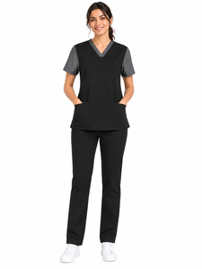 Tenue Médicale Personnalisée Femme Col V Uniforme de Soins de Santé Noir Gris Vêtements de Travail Infirmière - Product Image 1