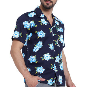 Camisa Casual de Manga Corta con Estampado Floral para Hombre, Azul Marino, Cuello Clásico, 100% Algodón Popelina, Transpirable, para Verano, Playa, Estilo Hawaiano - Product Image 2