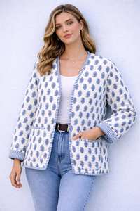 Vintage Style Quilted Jacket Blue Hand Block Print Kimono Coat Blue Floral Quilted Jacket Lightweight Cotton <b>Layer</b> - Product Image 5