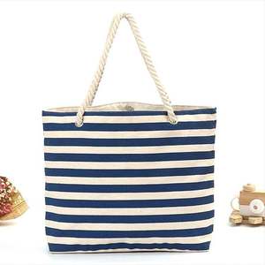 Striped <b>Canvas</b> Beach Tote <b>Bag</b> With Rope Handles <b>Large</b> Size - Product Image 1