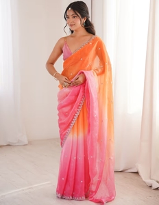 Sari de Diseño KV Satin Orange con Adornos y Blusa sin Coser - Product Image 1