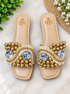 Beach Slide <b>Sandals</b> for Women Open Toe Flat Breathable Waterproof Casual Pearl Stone Decor Jute Upper <b>Comfortable</b> Holiday Shoes - Product Image 2