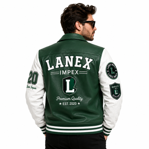 Custom Green <b>White</b> Leather Varsity <b>Jacket</b> for <b>Men</b> Premium Letterman Bomber <b>Jacket</b> with Chenille Embroidered Patches OEM ODM - Product Image 4